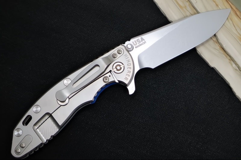 Rick Hinderer Knives XM-18 Skinny - Tri Way Pivot- 3.5" Hollow Ground Slicer Blade / Stonewash Finish / Black&Blue G-10 Handle / Stonewashed Frame / CPM-Magnacut Steel