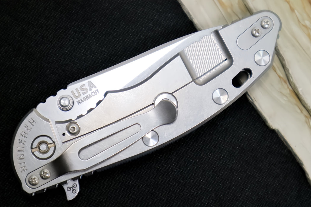 Rick Hinderer Knives XM-18 Skinny - Tri Way Pivot- 3.5" Hollow Ground Slicer Blade / Stonewash Finish / Black&Blue G-10 Handle / Stonewashed Frame / CPM-Magnacut Steel