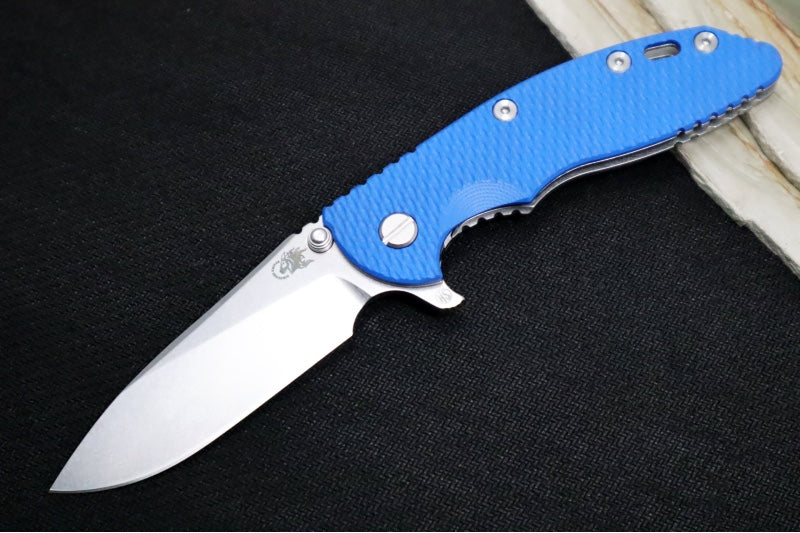 Rick Hinderer Knives XM-18 Skinny - Tri Way Pivot- 3.5" Hollow Ground Slicer Blade / Stonewash Finish / Blue G-10 Handle / Stonewashed Frame / CPM-Magnacut Steel