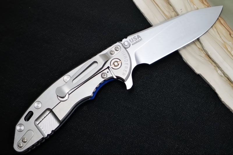 Rick Hinderer Knives XM-18 Skinny - Tri Way Pivot- 3.5" Hollow Ground Slicer Blade / Stonewash Finish / Blue G-10 Handle / Stonewashed Frame / CPM-Magnacut Steel