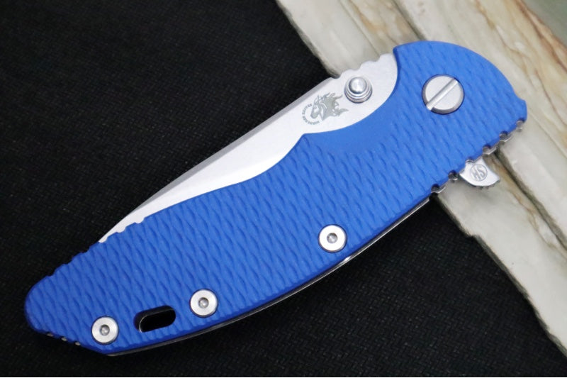 Rick Hinderer Knives XM-18 Skinny - Tri Way Pivot- 3.5" Hollow Ground Slicer Blade / Stonewash Finish / Blue G-10 Handle / Stonewashed Frame / CPM-Magnacut Steel
