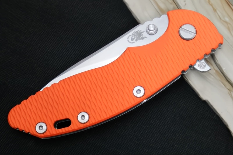 Rick Hinderer Knives XM-18 Skinny - Tri Way Pivot- 3.5" Hollow Ground Slicer Blade / Stonewash Finish / Orange G-10 Handle / Stonewashed Frame / CPM-Magnacut Steel