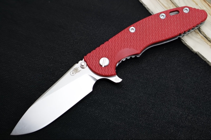 Rick Hinderer Knives XM-18 Skinny - Tri Way Pivot- 3.5" Hollow Ground Slicer Blade / Stonewash Finish / Red G-10 Handle / Stonewashed Frame / CPM-Magnacut Steel