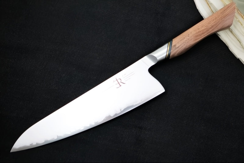 Ryda Knives A-30 8" Chef Knife - 3 Layers High Carbon Damascus Steel - Stabilized Figured Walnut - Made in Sweden, Japan