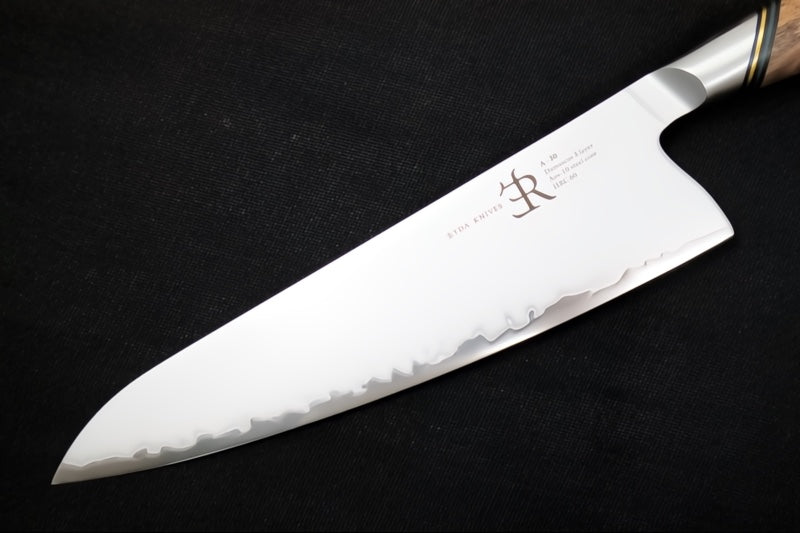 Ryda Knives A-30 8" Chef Knife - 3 Layers High Carbon Damascus Steel - Stabilized Figured Walnut - Made in Sweden, Japan