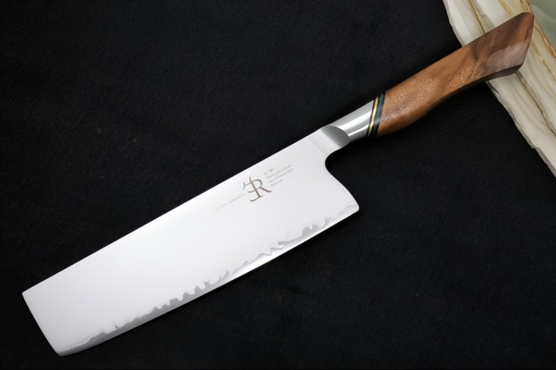 Ryda Knives A-30 7" Nakiri Knife - 3 Layers High Carbon Damascus Steel - Stabilized Figured Walnut - Made in Sweden, Japan