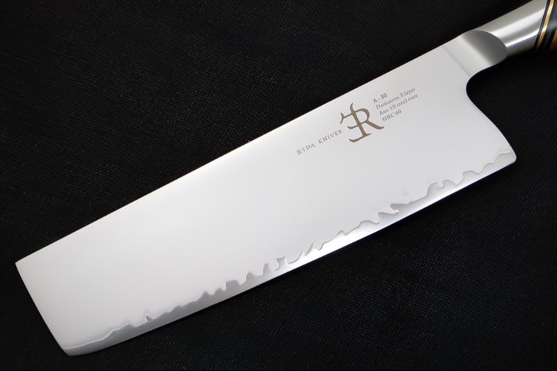 Ryda Knives A-30 7" Nakiri Knife - 3 Layers High Carbon Damascus Steel - Stabilized Figured Walnut - Made in Sweden, Japan