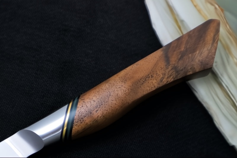 Ryda Knives A-30 7" Nakiri Knife - 3 Layers High Carbon Damascus Steel - Stabilized Figured Walnut - Made in Sweden, Japan