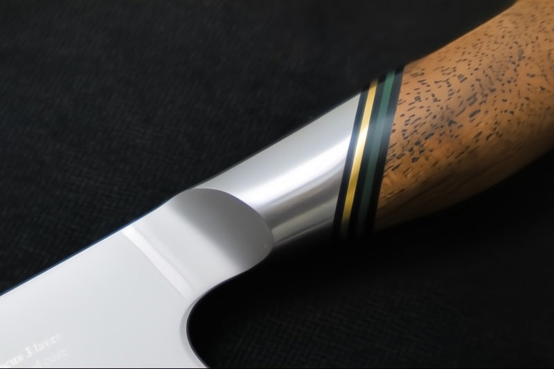 Ryda Knives A-30 7" Santoku Knife - 3 Layers High Carbon Damascus Steel - Stabilized Figured Walnut - Made in Sweden, Japan