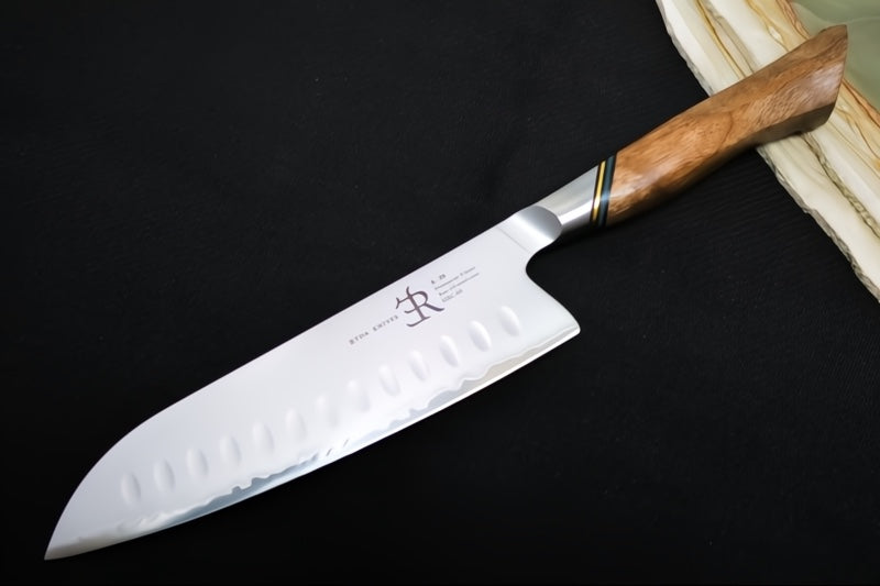 Ryda Knives A-30 7" Santoku Knife - 3 Layers High Carbon Damascus Steel - Stabilized Figured Walnut - Made in Sweden, Japan
