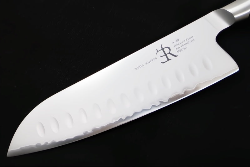 Ryda Knives A-30 7" Santoku Knife - 3 Layers High Carbon Damascus Steel - Stabilized Figured Walnut - Made in Sweden, Japan