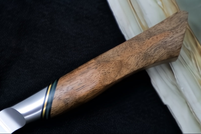 Ryda Knives A-30 7" Santoku Knife - 3 Layers High Carbon Damascus Steel - Stabilized Figured Walnut - Made in Sweden, Japan