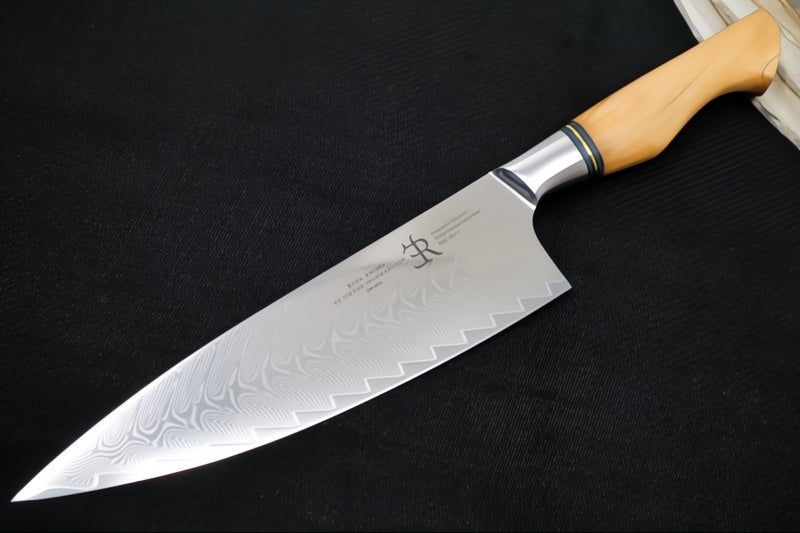 Ryda Knives ST-650 8" Chef Knife - 73 Layers High Carbon Damascus Steel - Stabilized Figured Olive Wood Handle - Made in Sweden