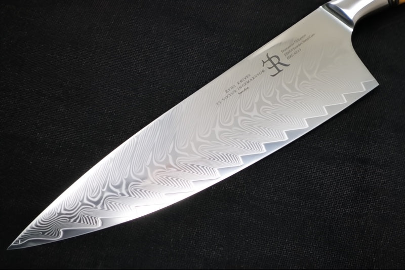 Ryda Knives ST-650 8" Chef Knife - 73 Layers High Carbon Damascus Steel - Stabilized Figured Olive Wood Handle - Made in Sweden