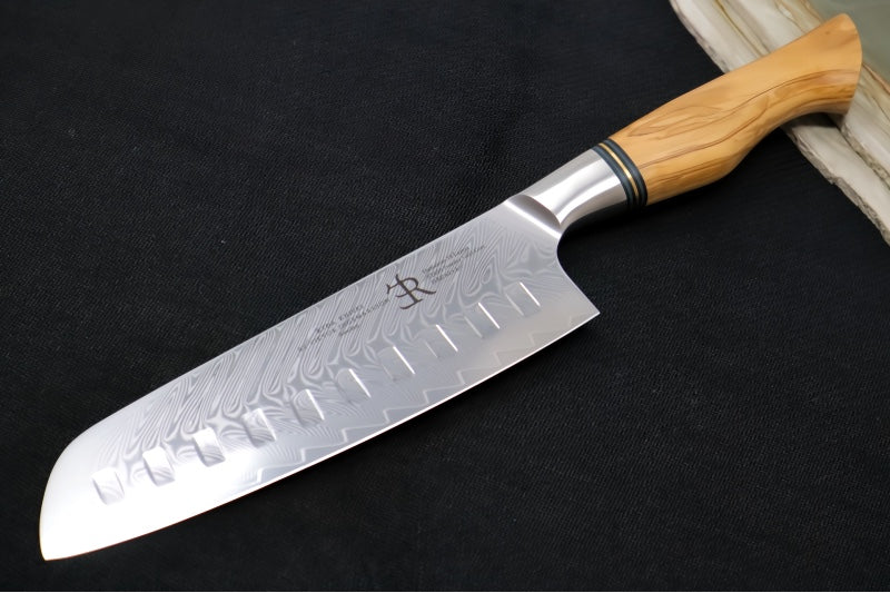 Ryda Knives ST-650 7" Santoku Knife - 73 Layers High Carbon Damascus Steel - Stabilized Figured Olive Wood Handle - Made in Sweden - Northwest Knives