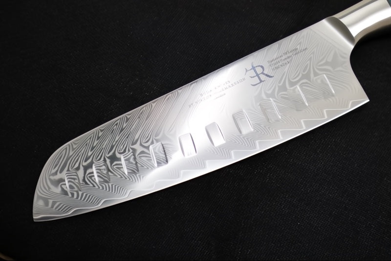 Ryda Knives ST-650 7" Santoku Knife - 73 Layers High Carbon Damascus Steel - Stabilized Figured Olive Wood Handle - Made in Sweden