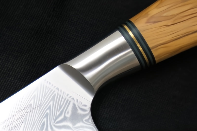 Ryda Knives ST-650 7" Santoku Knife - 73 Layers High Carbon Damascus Steel - Stabilized Figured Olive Wood Handle - Made in Sweden