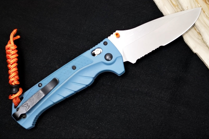 Benchmade 18060S Adira - CPM-Magnacut Steel / Partially Serrated Drop Point / Depth Blue Grivory Handle / Orange  Paracord Lanyard & Bead
