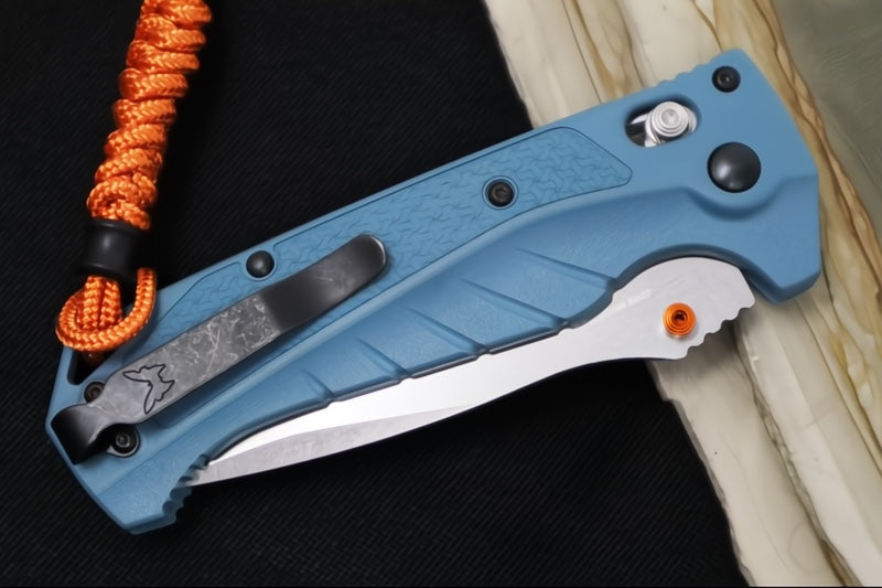 Benchmade 18060S Adira - CPM-Magnacut Steel / Partially Serrated Drop Point / Depth Blue Grivory Handle / Orange  Paracord Lanyard & Bead