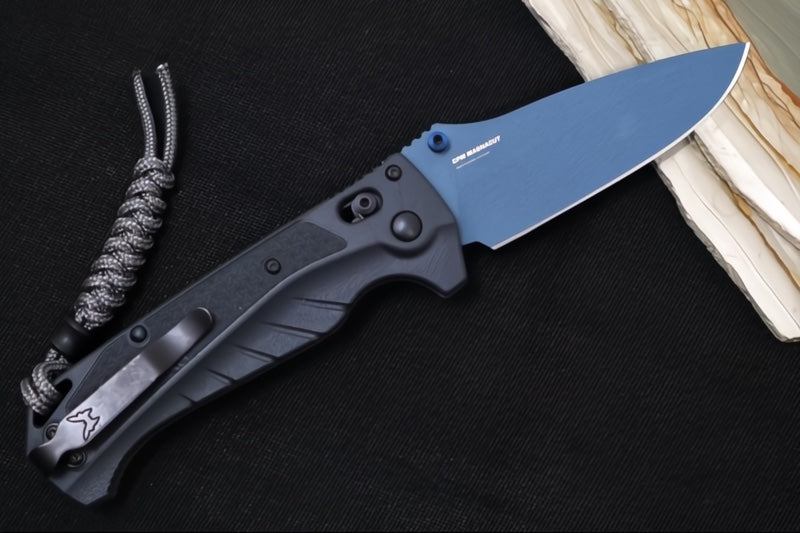 Benchmade 18060BT-01 Adira - CPM-Magnacut Steel / Drop Point / Blue Titanium Cerakote Finish / Tempest Gray Grivory Handle / Grey Paracord Lanyard & Black Bead