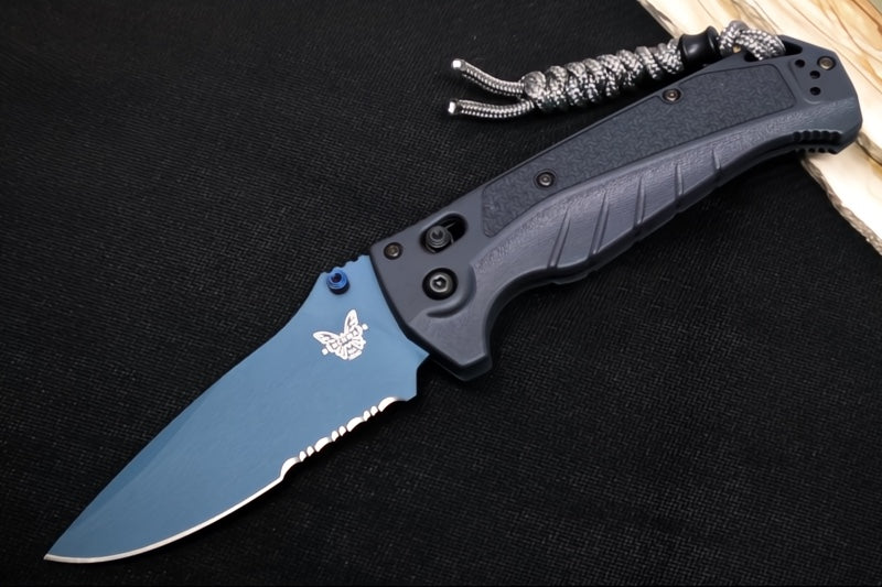 Benchmade 18060SBT-01 Adira - CPM-Magnacut Steel / Partially Serrated Drop Point / Blue Titanium Cerakote Finish / Tempest Gray Grivory Handle / Grey Paracord Lanyard & Black Bead
