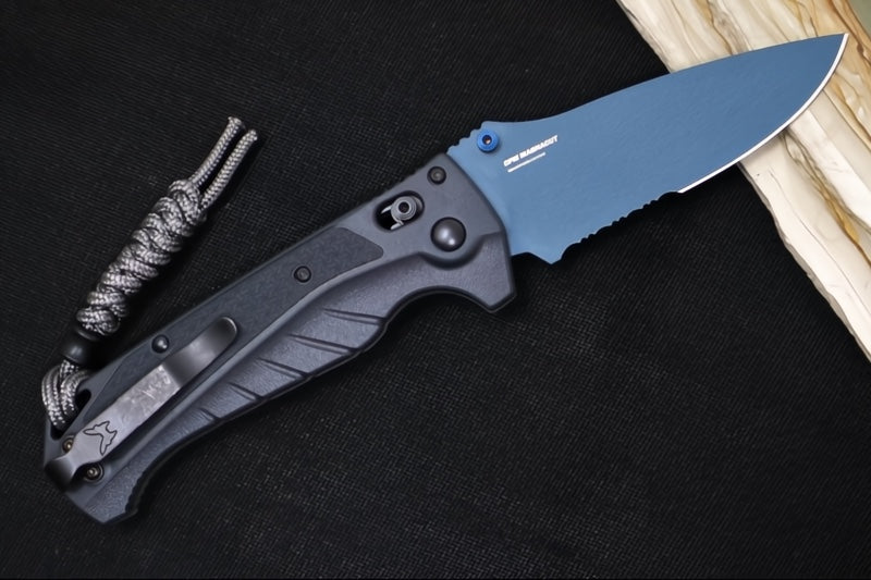 Benchmade 18060SBT-01 Adira - CPM-Magnacut Steel / Partially Serrated Drop Point / Blue Titanium Cerakote Finish / Tempest Gray Grivory Handle / Grey Paracord Lanyard & Black Bead