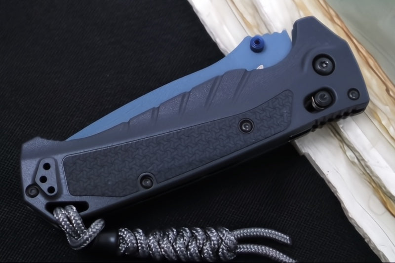 Benchmade 18060SBT-01 Adira - CPM-Magnacut Steel / Partially Serrated Drop Point / Blue Titanium Cerakote Finish / Tempest Gray Grivory Handle / Grey Paracord Lanyard & Black Bead
