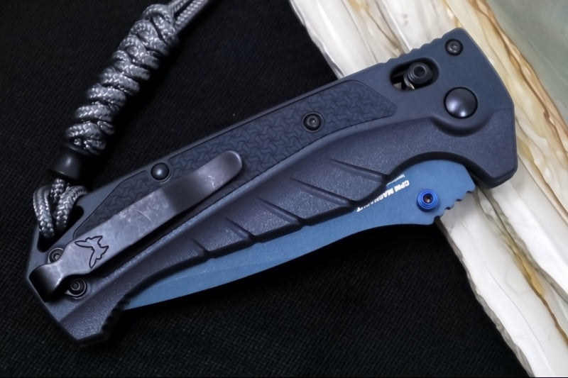 Benchmade 18060SBT-01 Adira - CPM-Magnacut Steel / Partially Serrated Drop Point / Blue Titanium Cerakote Finish / Tempest Gray Grivory Handle / Grey Paracord Lanyard & Black Bead