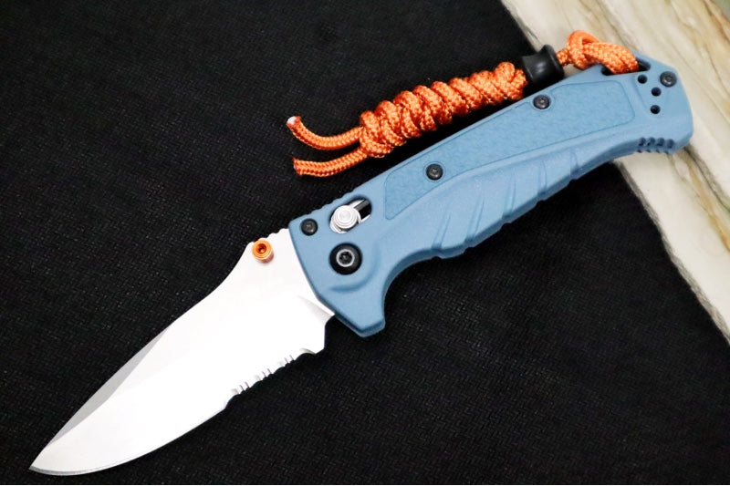 Benchmade 18065S Mini Adira - CPM-Magnacut Steel / Partially Serrated Drop Point Steel / Depth Blue Grivory Handle / Orange Paracord Lanyard & Bead