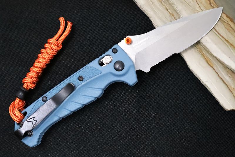 Benchmade 18065S Mini Adira - CPM-Magnacut Steel / Partially Serrated Drop Point Steel / Depth Blue Grivory Handle / Orange Paracord Lanyard & Bead - Northwest Knives