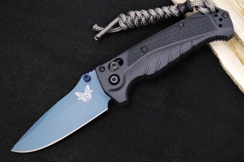 Benchmade 18065BT-01 Mini Adira - CPM-Magnacut Steel / Drop Point Steel / Blue Titanium Cerakote / Temptest Grey Grivory Handle / Grey Paracord Lanyard & Bead - Northwest Knives