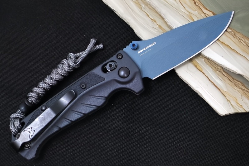Benchmade 18065BT-01 Mini Adira - CPM-Magnacut Steel / Drop Point Steel / Blue Titanium Cerakote / Temptest Grey Grivory Handle / Grey Paracord Lanyard & Bead - Northwest Knives