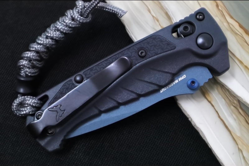 Benchmade 18065BT-01 Mini Adira - CPM-Magnacut Steel / Drop Point Steel / Blue Titanium Cerakote / Temptest Grey Grivory Handle / Grey Paracord Lanyard & Bead