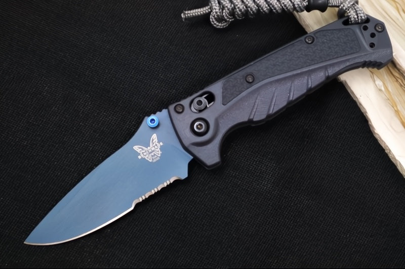 Benchmade 18065SBT-01 Mini Adira - CPM-Magnacut Steel / Partially Serrated Drop Point Steel / Blue Titanium Cerakote / Temptest Grey Grivory Handle / Grey Paracord Lanyard & Bead