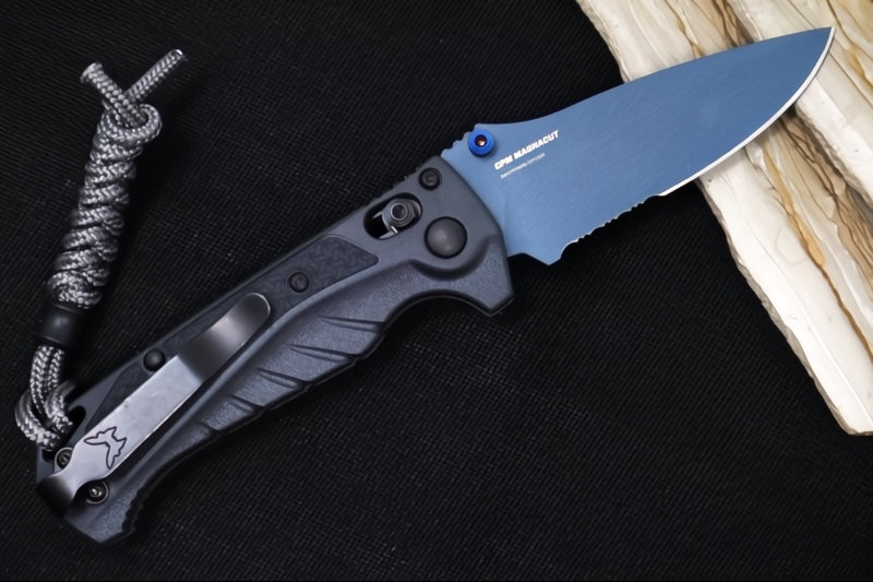 Benchmade 18065SBT-01 Mini Adira - CPM-Magnacut Steel / Partially Serrated Drop Point Steel / Blue Titanium Cerakote / Temptest Grey Grivory Handle / Grey Paracord Lanyard & Bead