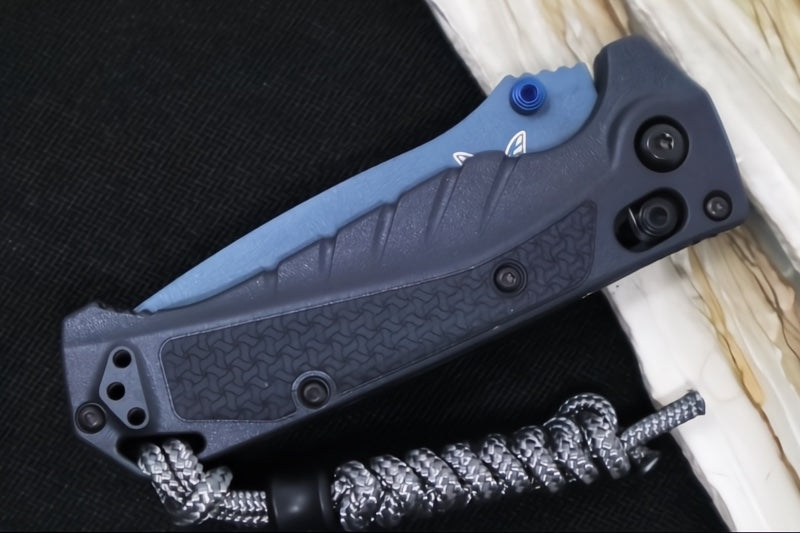 Benchmade 18065SBT-01 Mini Adira - CPM-Magnacut Steel / Partially Serrated Drop Point Steel / Blue Titanium Cerakote / Temptest Grey Grivory Handle / Grey Paracord Lanyard & Bead