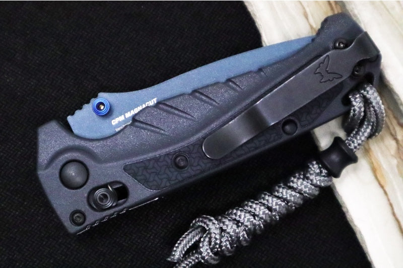 Benchmade 18065SBT-01 Mini Adira - CPM-Magnacut Steel / Partially Serrated Drop Point Steel / Blue Titanium Cerakote / Temptest Grey Grivory Handle / Grey Paracord Lanyard & Bead