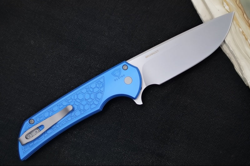 Pro Tech Mordax - Drop Point / Stonewashed Magnacut blade / "Gridlock" Blue Anodized Aluminum Handle MX105-BLUE - Northwest Knives