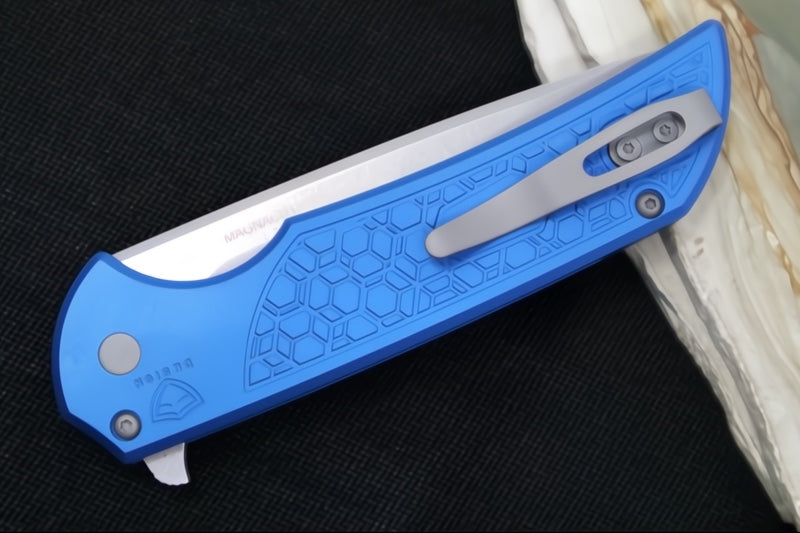 Pro Tech Mordax - Drop Point / Stonewashed Magnacut blade / "Gridlock" Blue Anodized Aluminum Handle MX105-BLUE - Northwest Knives