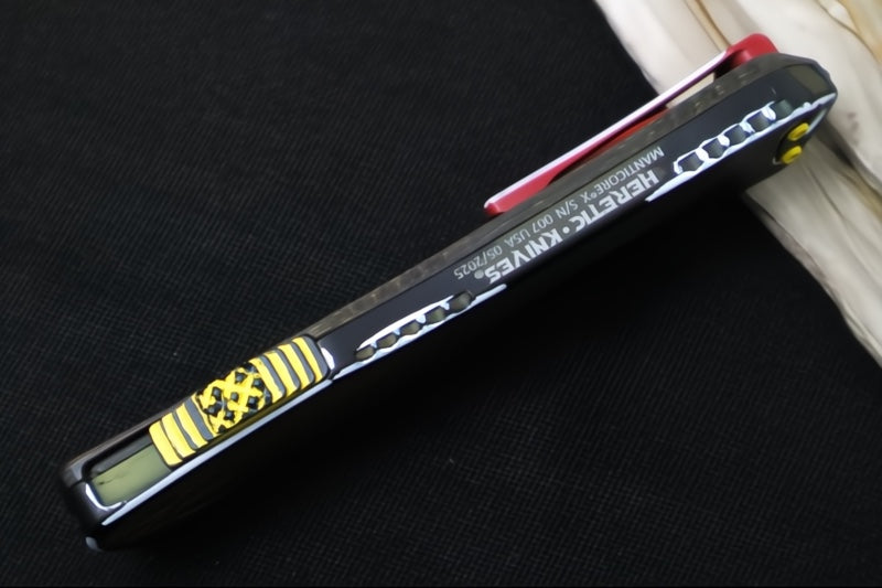 Heretic Knives Manticore-X Bounty Hunter OTF - Bounty Hunter Green Aluminum with CamoCarbon Top / Dagger Blade / CPM-Magnacut Steel / Green Cel Shade Bounty Hunter Blade Finish H032-CSG-BOUNTY