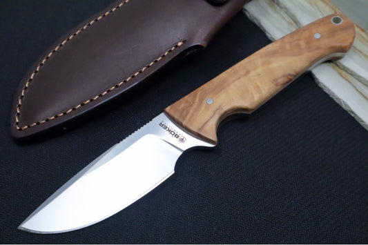 Boker Arbolito Vultur Fixed Blade - Olive Wood Handle / Drop Point Blade / ACX390 Steel / Brown Leather Sheath 02BA415