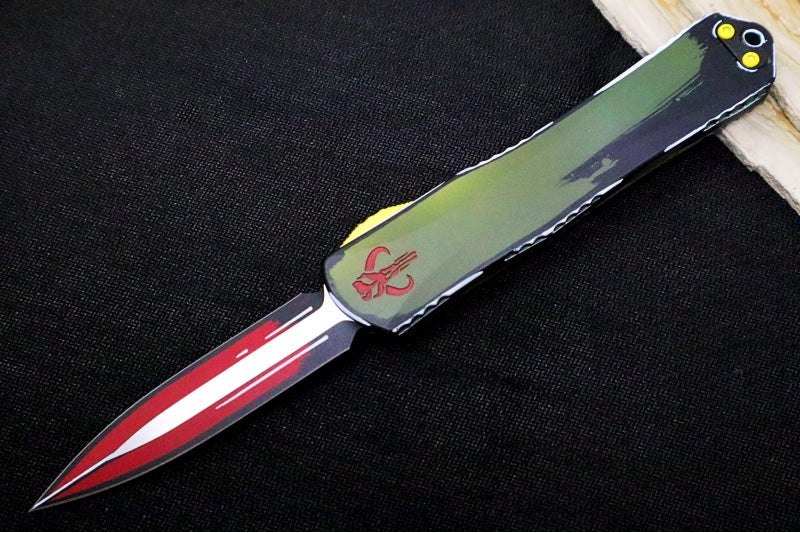 Heretic Knives Manticore-X Bounty Hunter OTF - Bounty Hunter Red Aluminum with CamoCarbon Top / Dagger Blade / CPM-Magnacut Steel / Red Cel Shade Bounty Hunter Blade Finish H032-CSR-BOUNTY - Northwest Knives