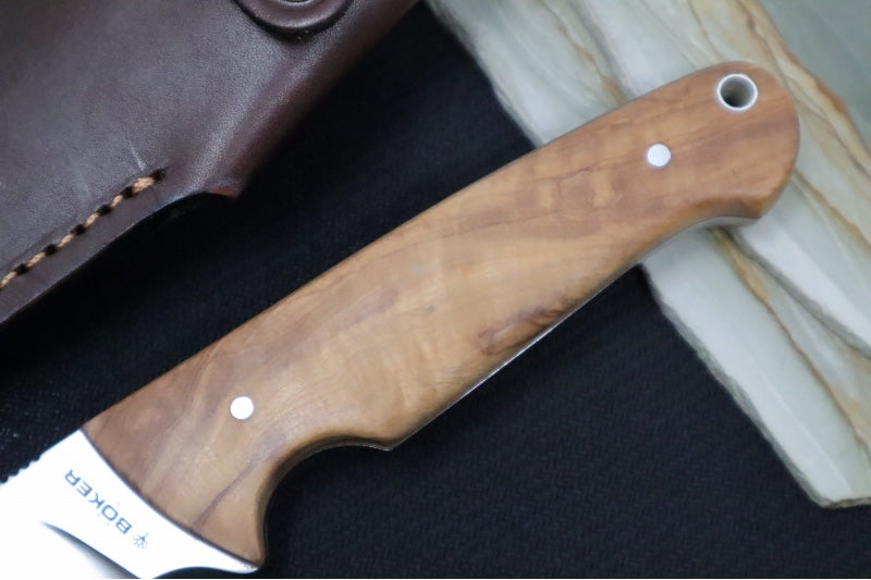 Boker Arbolito Vultur Fixed Blade - Olive Wood Handle / Drop Point Blade / ACX390 Steel / Brown Leather Sheath 02BA415