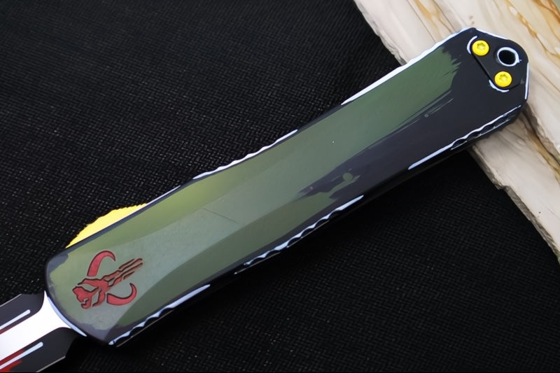 Heretic Knives Manticore-X Bounty Hunter OTF - Bounty Hunter Red Aluminum with CamoCarbon Top / Dagger Blade / CPM-Magnacut Steel / Red Cel Shade Bounty Hunter Blade Finish H032-CSR-BOUNTY