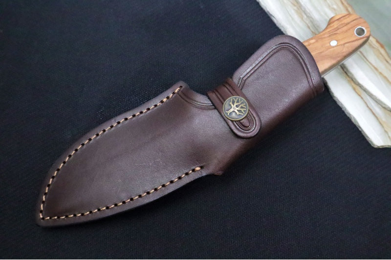 Boker Arbolito Vultur Fixed Blade - Olive Wood Handle / Drop Point Blade / ACX390 Steel / Brown Leather Sheath 02BA415