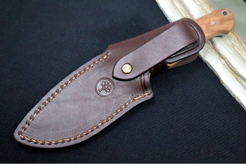 Boker Arbolito Vultur Fixed Blade - Olive Wood Handle / Drop Point Blade / ACX390 Steel / Brown Leather Sheath 02BA415