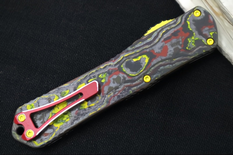 Heretic Knives Manticore-X Bounty Hunter OTF - Bounty Hunter Red Aluminum with CamoCarbon Top / Dagger Blade / CPM-Magnacut Steel / Red Cel Shade Bounty Hunter Blade Finish H032-CSR-BOUNTY