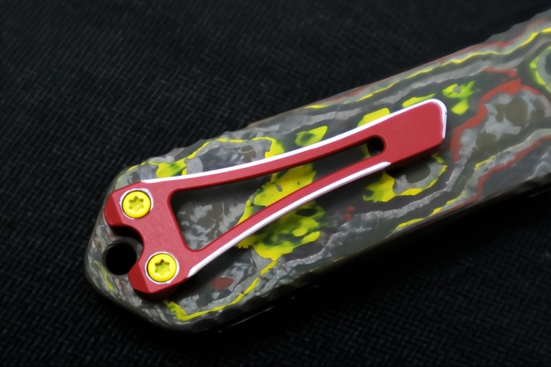 Heretic Knives Manticore-X Bounty Hunter OTF - Bounty Hunter Red Aluminum with CamoCarbon Top / Dagger Blade / CPM-Magnacut Steel / Red Cel Shade Bounty Hunter Blade Finish H032-CSR-BOUNTY - Northwest Knives