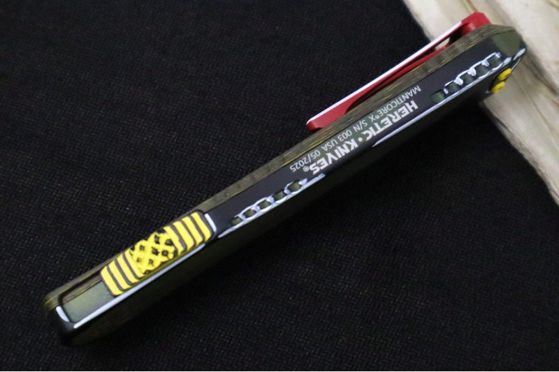 Heretic Knives Manticore-X Bounty Hunter OTF - Bounty Hunter Red Aluminum with CamoCarbon Top / Dagger Blade / CPM-Magnacut Steel / Red Cel Shade Bounty Hunter Blade Finish H032-CSR-BOUNTY