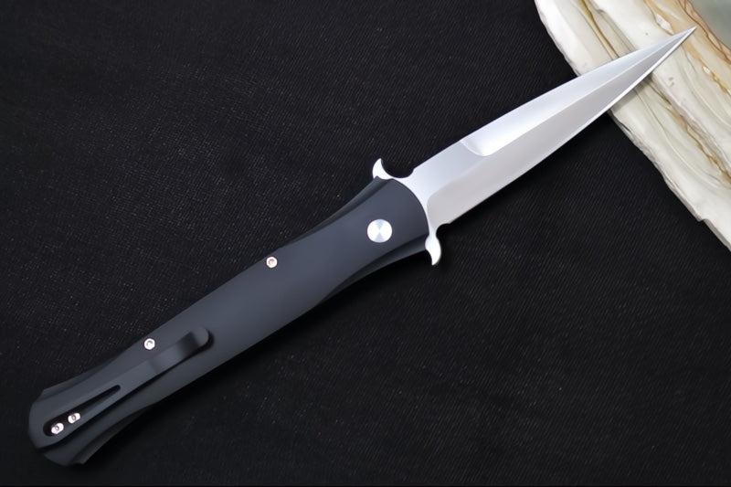 Pro Tech Large DON Auto - Black Anodized Aluminum Handle / Mother of Pearl Push Button / Satin Finish / Deep Cary Clip 1921-MOP